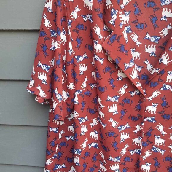 Monteau LA Sheer Burgundy Button Down with Navy White Dog Print size Large - Picture 9 of 11